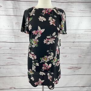 Julian Taylor black crepe floral shift dress flounced sleeves